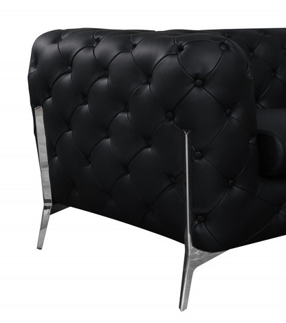 93" Black Genuine Tufted Leather and Chrome Sofa