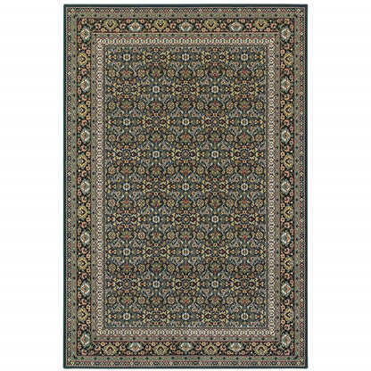 5' X 8' Navy Blue Green Red Ivory And Yellow Oriental Power Loom Stain Resistant Area Rug