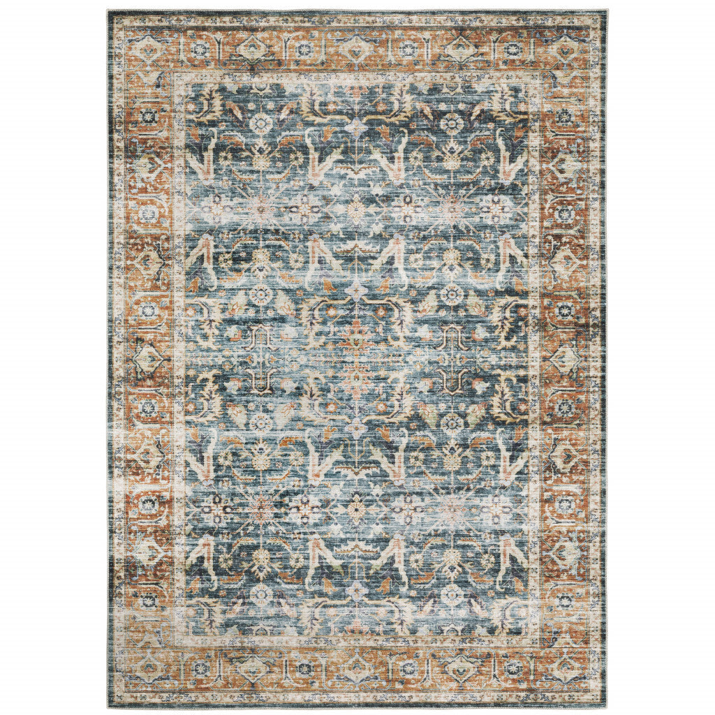 7' X 10' Blue Rust Gold And Olive Oriental Printed Stain Resistant Non Skid Area Rug