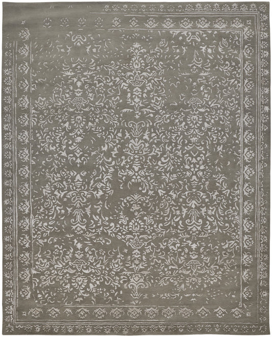 10' X 14' Gray Taupe And Silver Wool Floral Tufted Handmade Distressed Area Rug