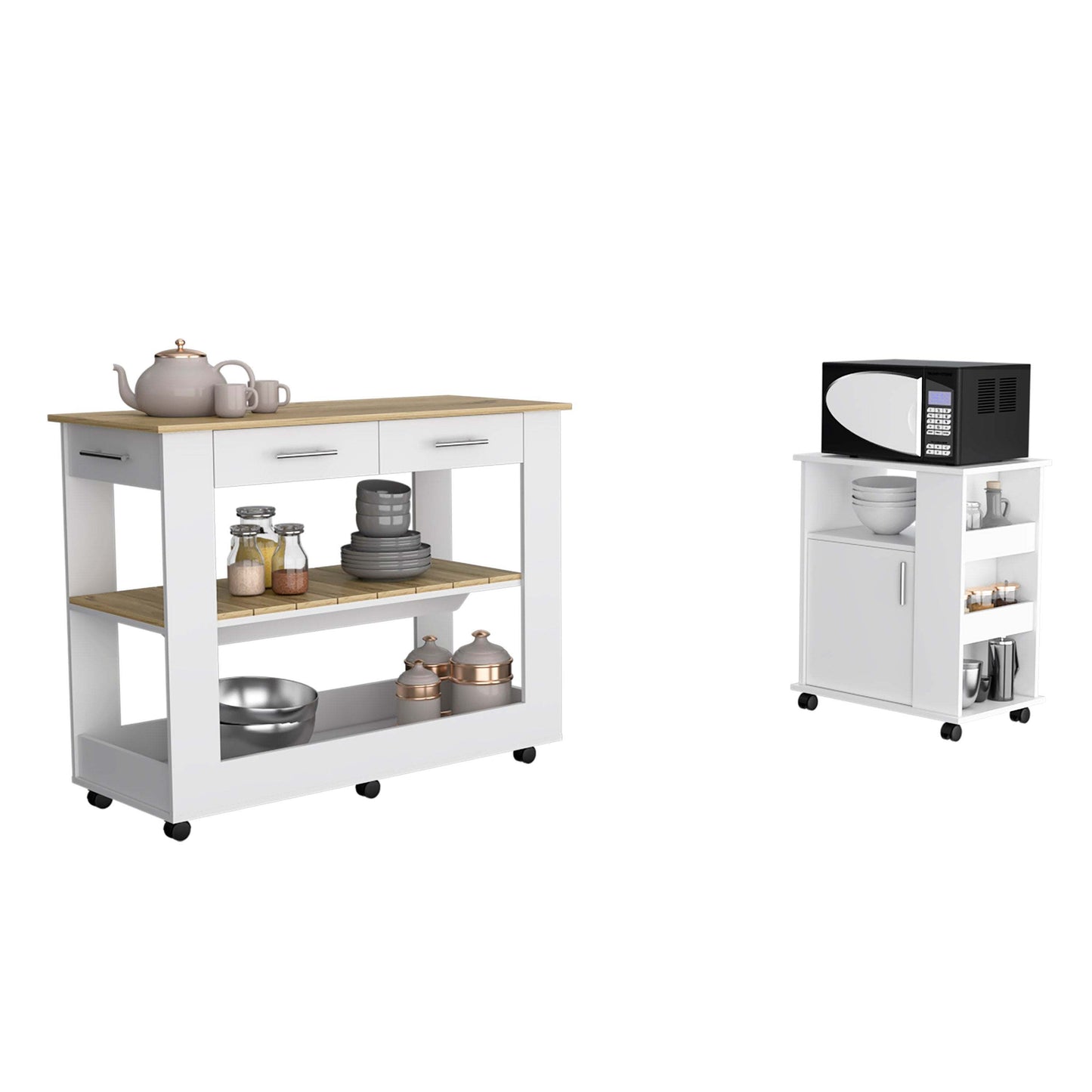 Danville 2 Piece Kitchen Set, Kitchen Island + Kitchen Cart, White / Light Oak