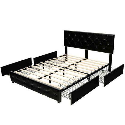 Full/Queen PU Leather Upholstered Platform Bed with 4 Drawers-Full Size - Color: Black - Size: Full Size