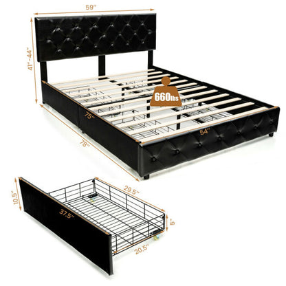 Full/Queen PU Leather Upholstered Platform Bed with 4 Drawers-Full Size - Color: Black - Size: Full Size