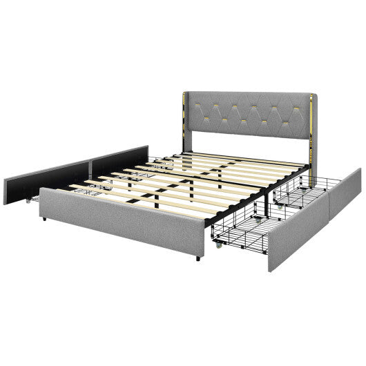 Bed Frame Mattress Foundation with 4 Storage Drawers - Color: Silver - Size: Queen Size