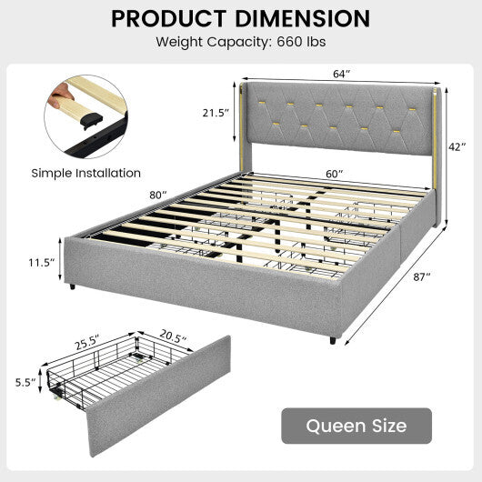 Bed Frame Mattress Foundation with 4 Storage Drawers - Color: Silver - Size: Queen Size