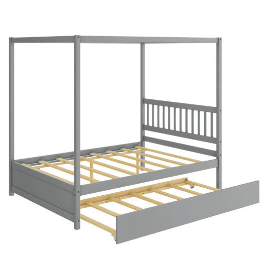 Full Size Canopy Bed with Trundle Wooden Platform Bed Frame Headboard-Gray - Color: Gray