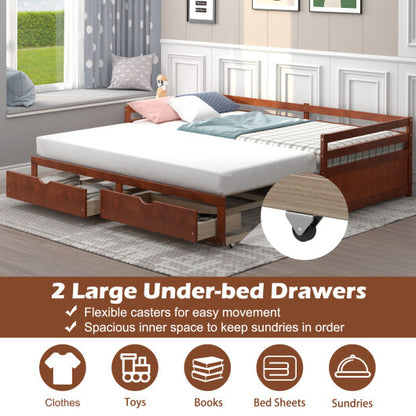 Extendable Twin to King Daybed with Trundle and 2 Storage Drawers - Color: Brown