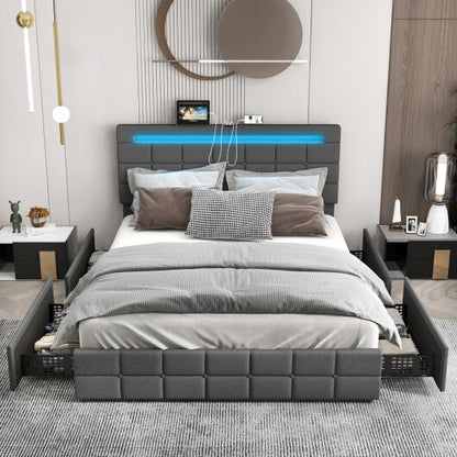 Upholstered Queen LED Bed Frame with Headboard and 4 Drawers-Queen Size - Color: Gray - Size: Queen Size