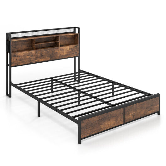 Full/Queen Size Bed Frame with 3-Tier Bookcase Headboard and Charging Station-Queen Size - Color: Rustic Brown - Size: Queen Size
