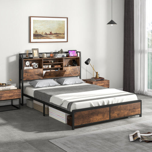 Full/Queen Size Bed Frame with 3-Tier Bookcase Headboard and Charging Station-Queen Size - Color: Rustic Brown - Size: Queen Size