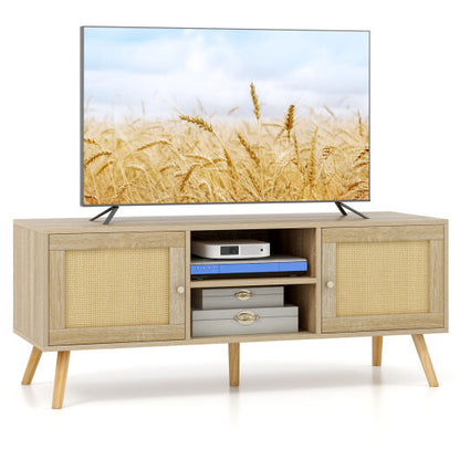 PE Rattan Media Console Table with 2 Cabinets and Open Shelves - Color: Natural
