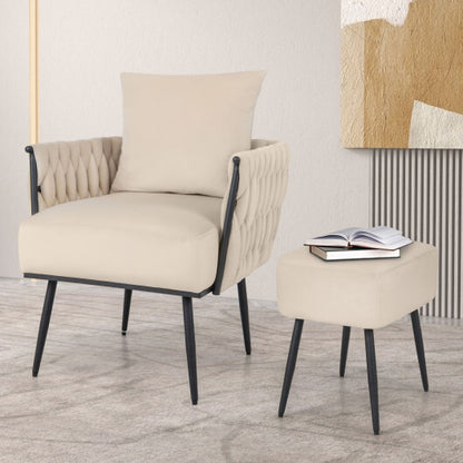 Modern Dutch Velvet Accent Chair and Ottoman Set with Weaved Back and Arms-White - Color: White
