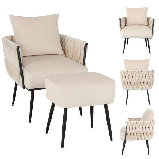 Modern Dutch Velvet Accent Chair and Ottoman Set with Weaved Back and Arms-White - Color: White