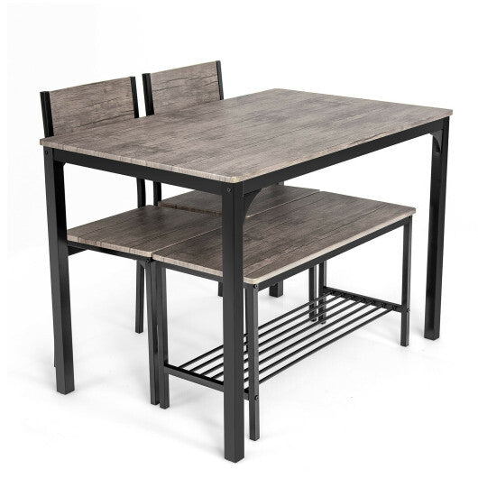4 Pieces Rustic Dining Table Set with 2 Chairs and Bench-Gray - Color: Gray