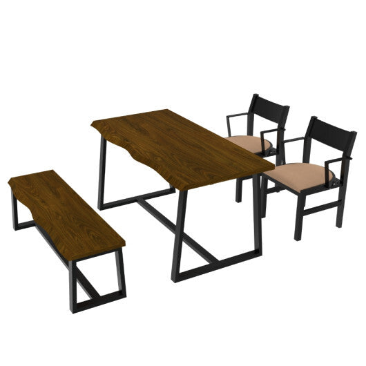 4-Person Dining Table Set with Chairs and Bench-Irregular Design-Dark Wood-Brown - Color: Irregular Design-Dark Wood-Brown