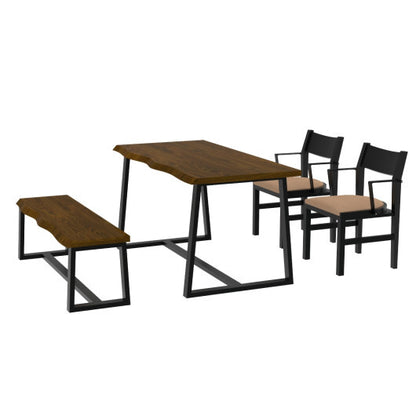 4-Person Dining Table Set with Chairs and Bench-Irregular Design-Dark Wood-Brown - Color: Irregular Design-Dark Wood-Brown