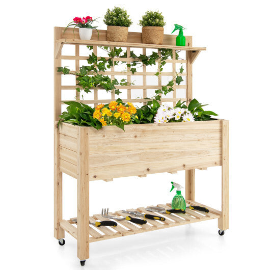 Wooden Raised Garden Bed with Wheels Trellis and Storage Shelf - Color: Natural